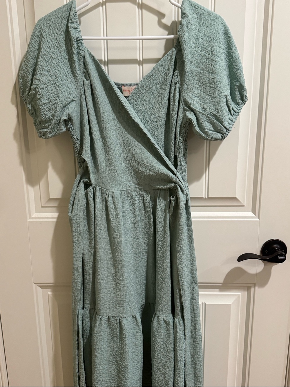 Puff-Sleeve Wrap Dress in Sage Green